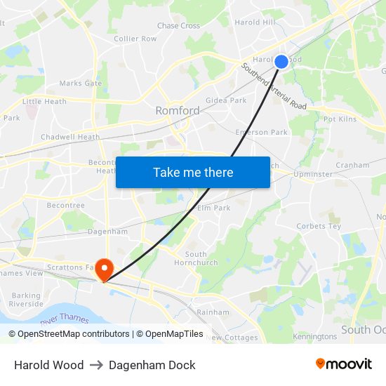 Harold Wood to Dagenham Dock map