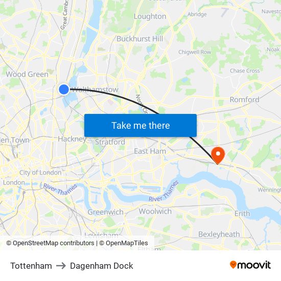 Tottenham to Dagenham Dock map