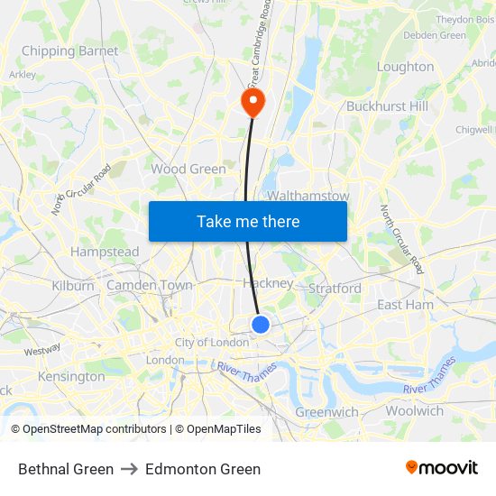 Bethnal Green to Edmonton Green map