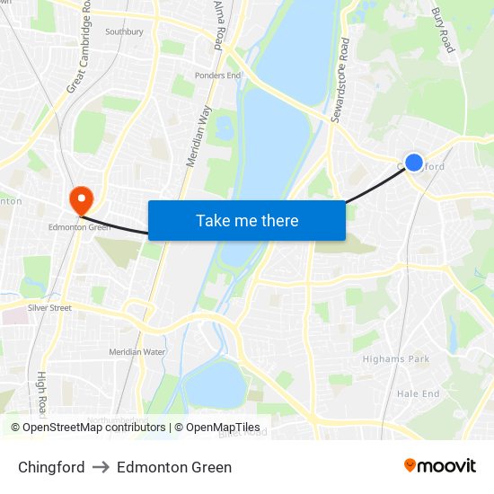 Chingford to Edmonton Green map