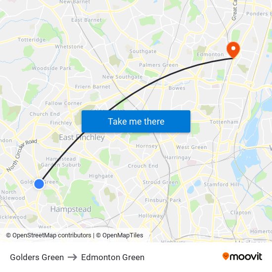 Golders Green to Edmonton Green map