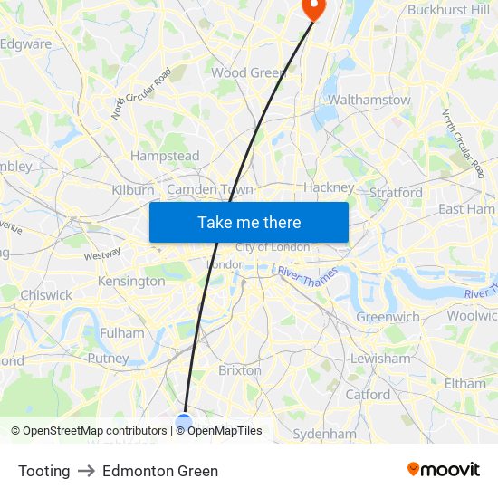 Tooting to Edmonton Green map