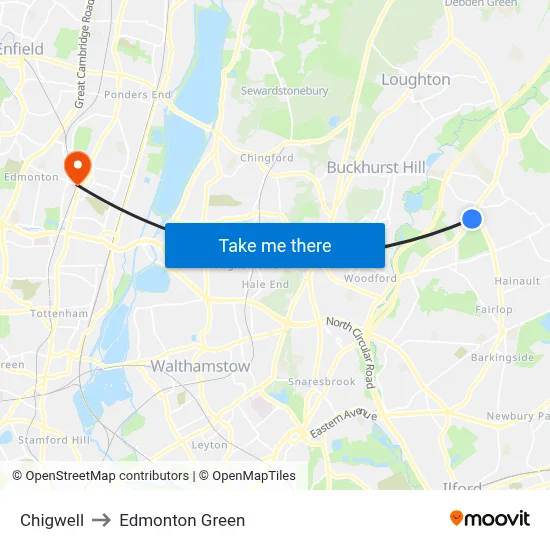 Chigwell to Edmonton Green map
