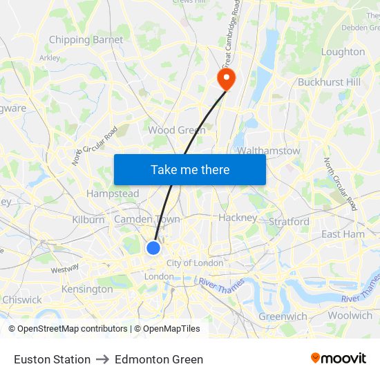 Euston Station to Edmonton Green map
