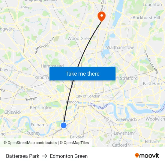 Battersea Park to Edmonton Green map