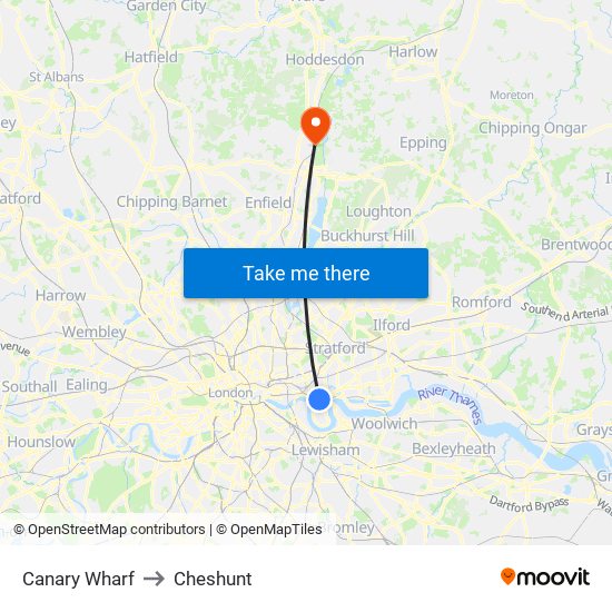 Canary Wharf to Cheshunt map