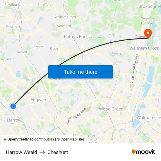 Harrow Weald to Cheshunt map
