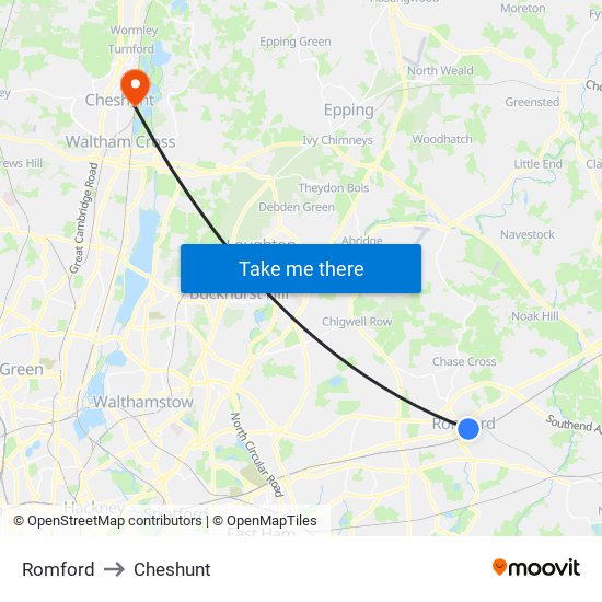 Romford to Cheshunt map