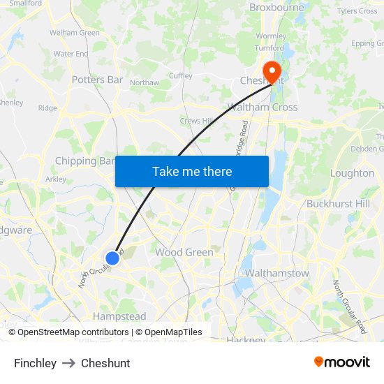 Finchley to Cheshunt map