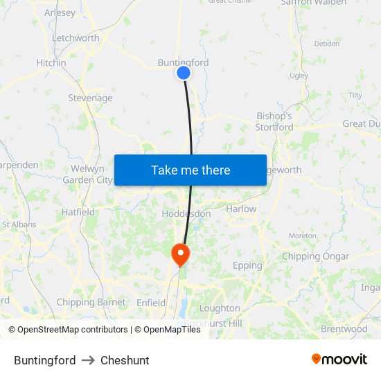 Buntingford to Cheshunt map