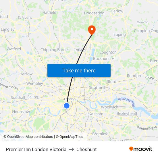 Premier Inn London Victoria to Cheshunt map