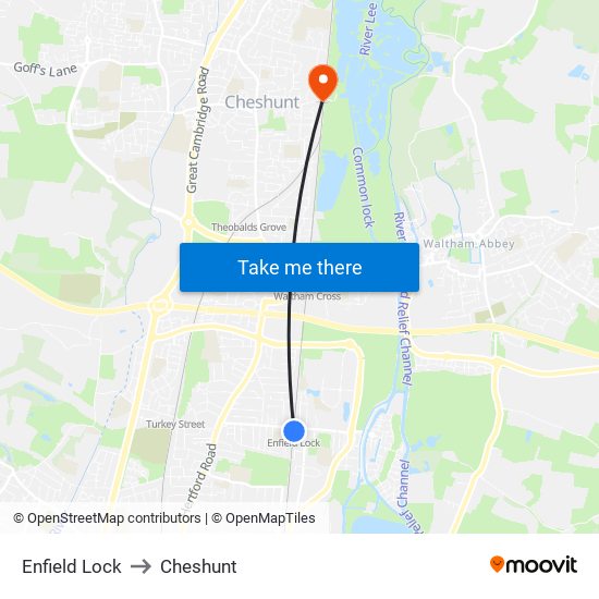 Enfield Lock to Cheshunt map