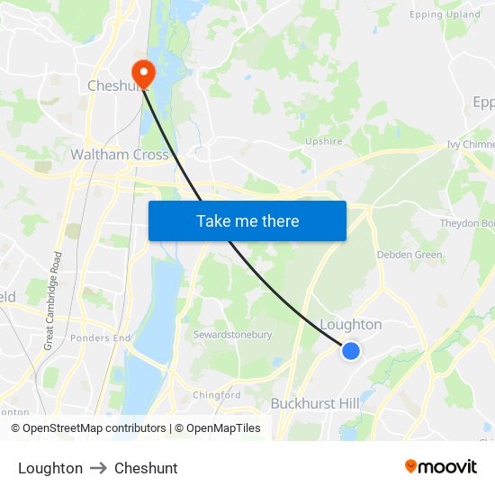 Loughton to Cheshunt map