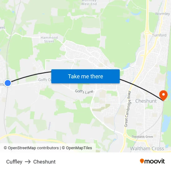 Cuffley to Cheshunt map