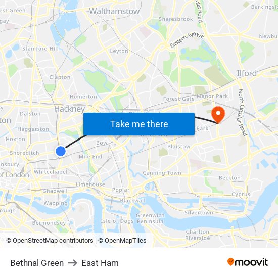 Bethnal Green to East Ham map