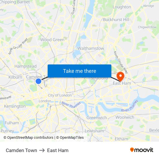 Camden Town to East Ham map