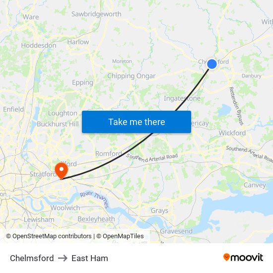 Chelmsford to East Ham map