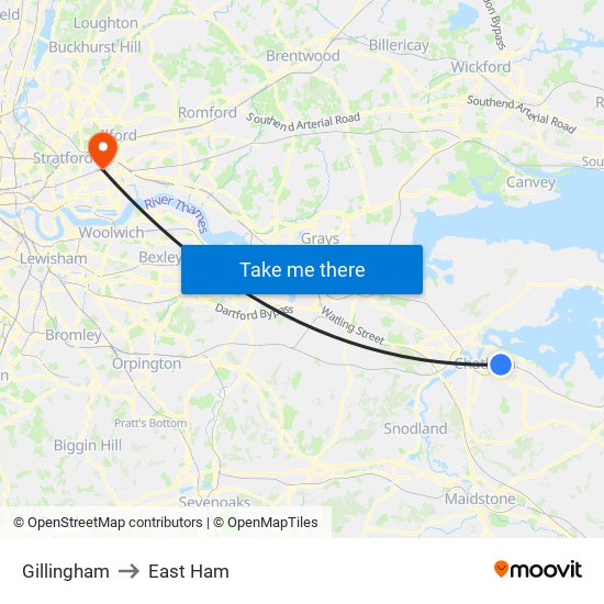 Gillingham to East Ham map