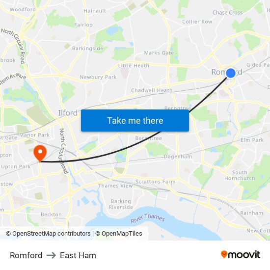 Romford to East Ham map