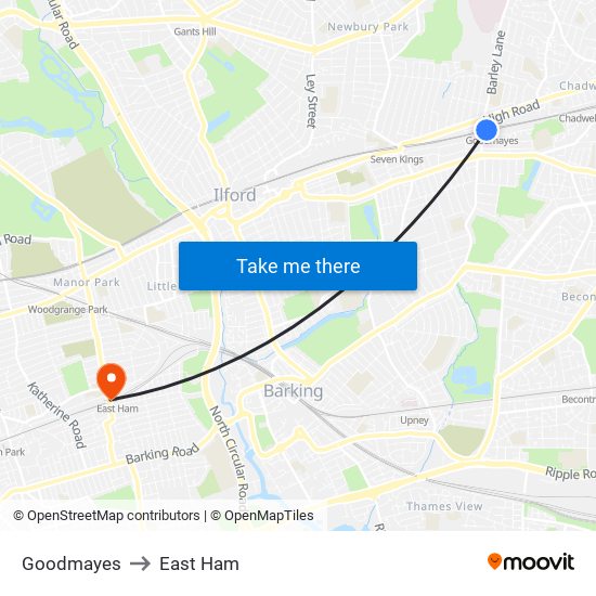 Goodmayes to East Ham map