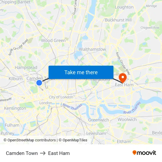Camden Town to East Ham map