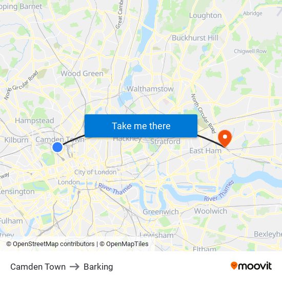 Camden Town to Barking map