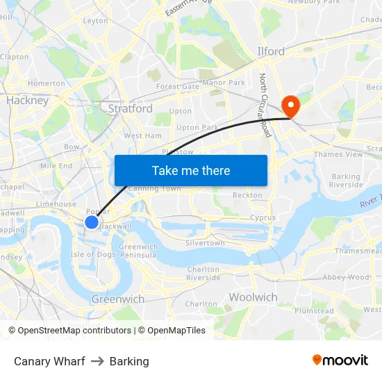 Canary Wharf to Barking map
