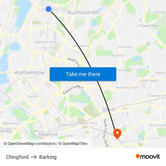 Chingford to Barking map