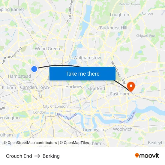 Crouch End to Barking map