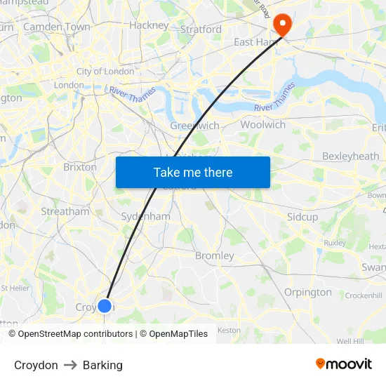 Croydon to Barking map