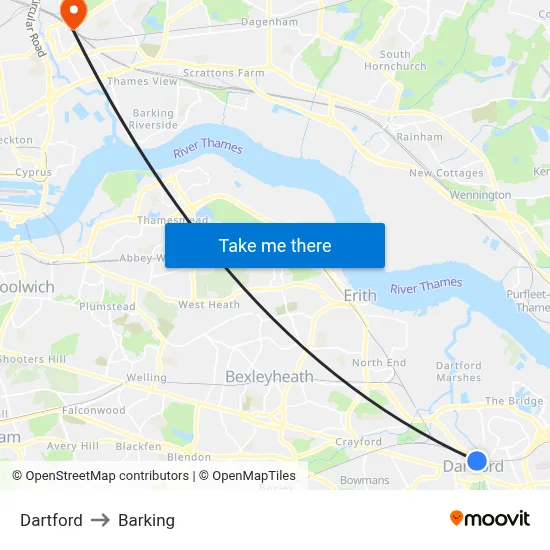 Dartford to Barking map