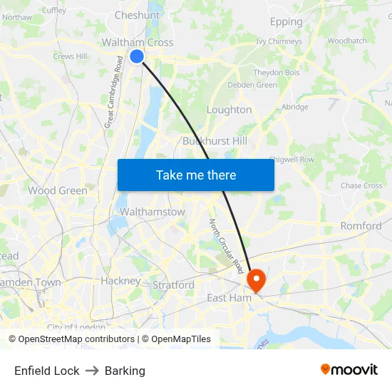 Enfield Lock to Barking map