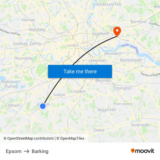 Epsom to Barking map