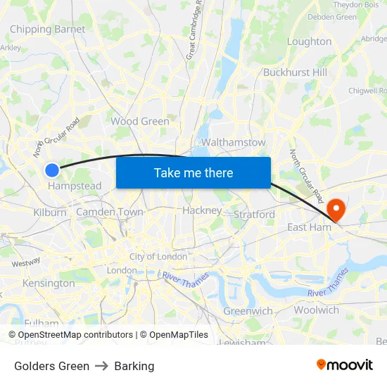 Golders Green to Barking map