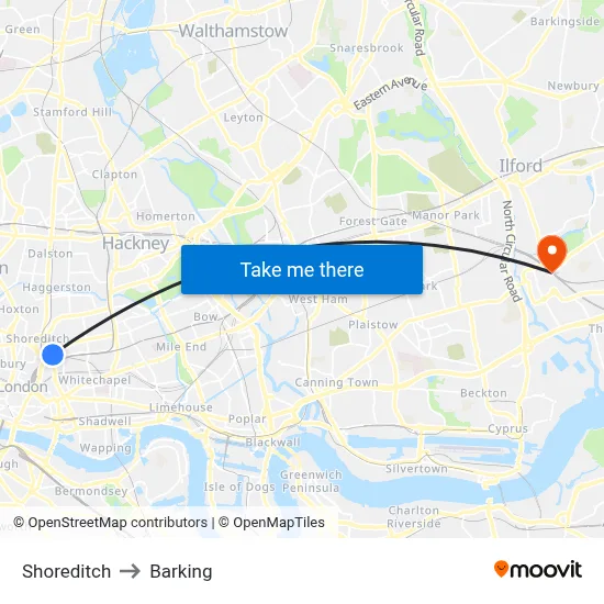 Shoreditch to Barking map