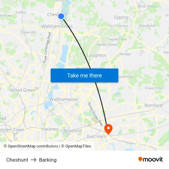 Cheshunt to Barking map