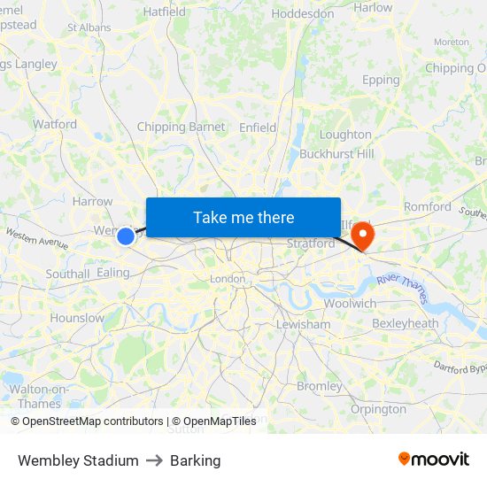 Wembley Stadium to Barking map