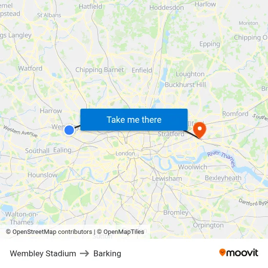 Wembley Stadium to Barking map