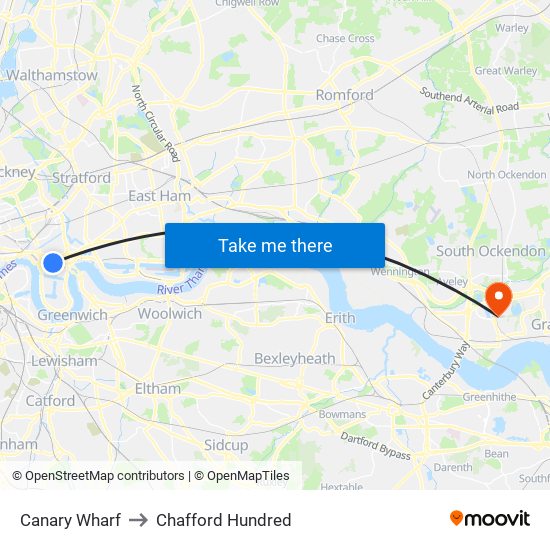 Canary Wharf to Chafford Hundred map