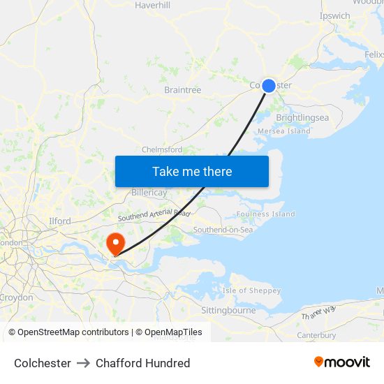 Colchester to Chafford Hundred map