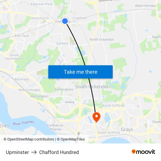 Upminster to Chafford Hundred map