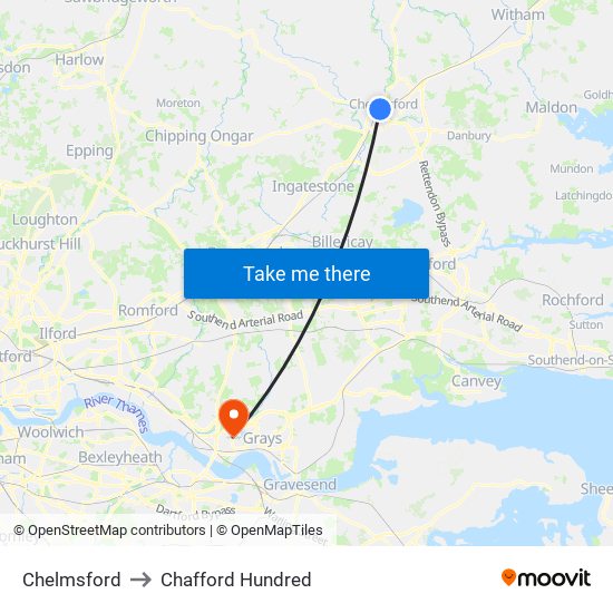 Chelmsford to Chafford Hundred map