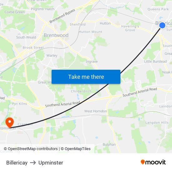 Billericay to Upminster map