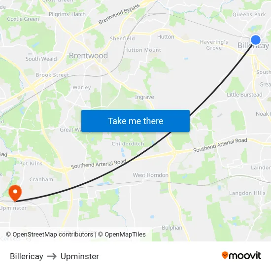 Billericay to Upminster map