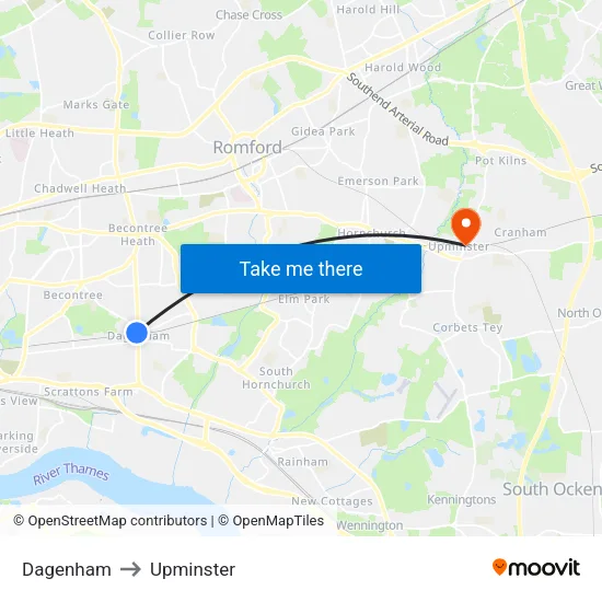 Dagenham to Upminster map