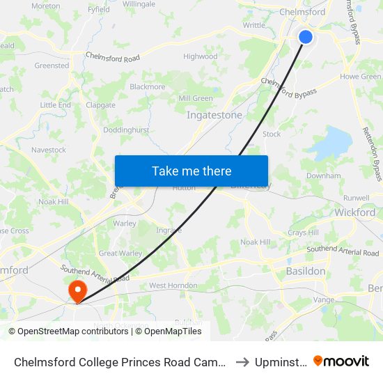 Chelmsford College Princes Road Campus to Upminster map