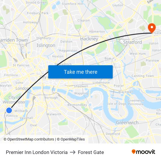 Premier Inn London Victoria to Forest Gate map