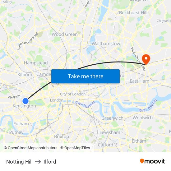 Notting Hill to Ilford map