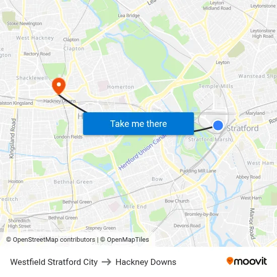 Westfield Stratford City to Hackney Downs map