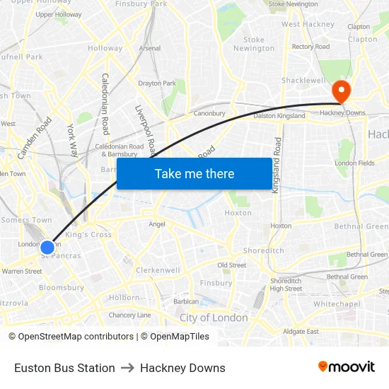 Euston Bus Station to Hackney Downs map